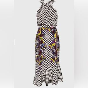 SALONI Black and White Polka Dot Midi Dress with Floral Accents